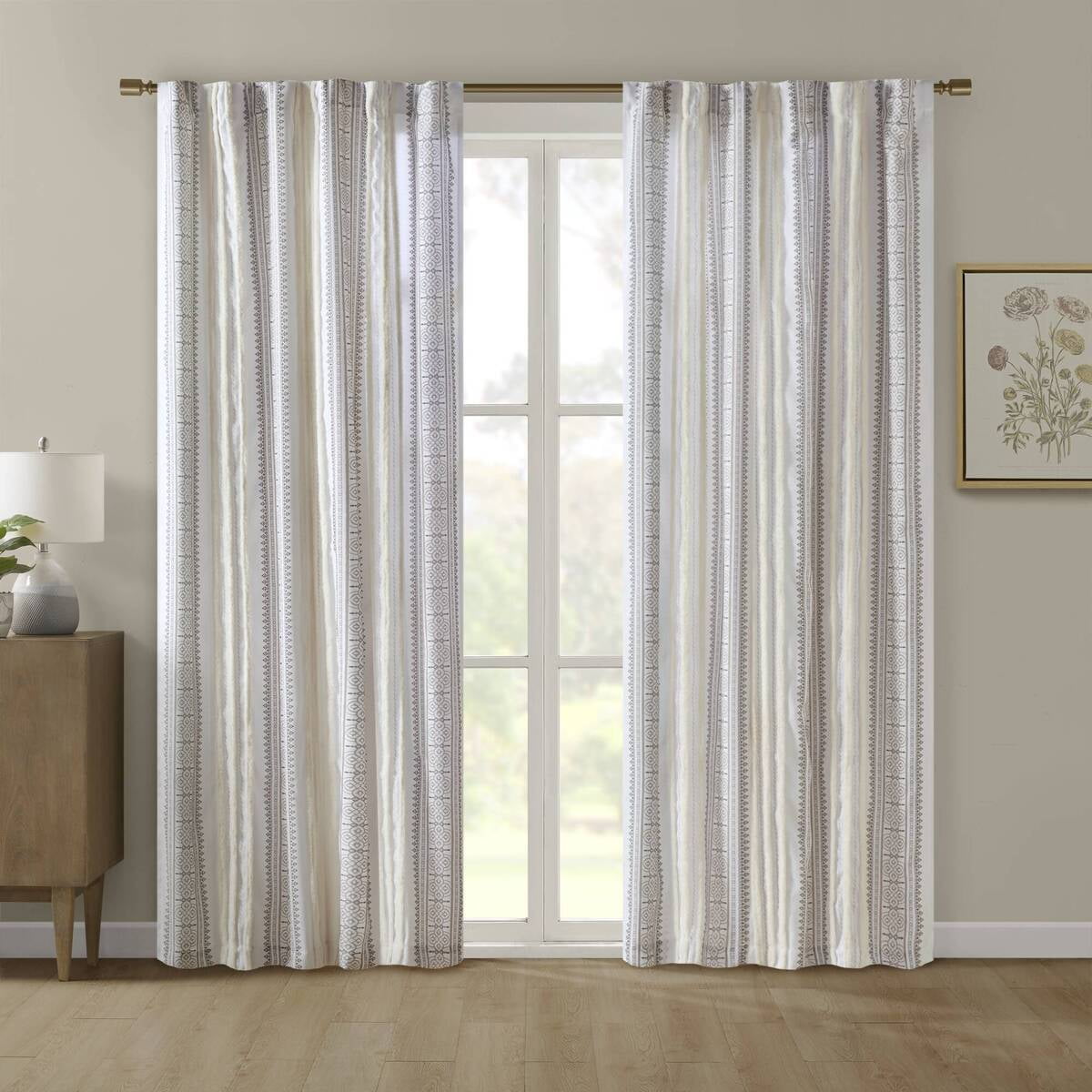 MAYEERTY 50x84" Poly Printed Curtain Panel with Tufted Stripe and Lining White/Brown