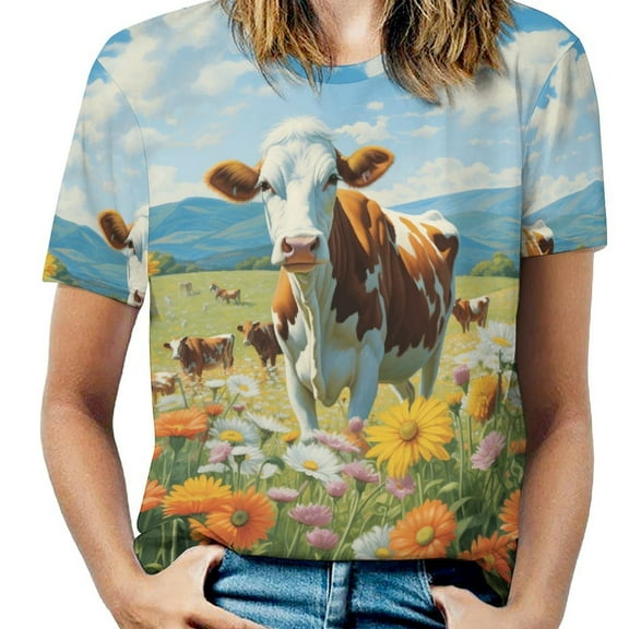 Farmhouse Highland Cow Funny Cattle And Flower Women's T-Shirt Short Sleeve T Shirts Tops Tee Ladies Loose T
