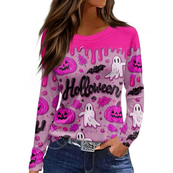 LHVUOA Womens Casual Halloween Long Sleeve Crew Neck Tee Shirts Witches Graphic Shirts Halloween Fall Tops