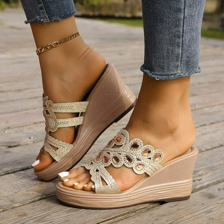 Uinagy Women s Slope High Heel Sandals Lightweight Diamond Sandals