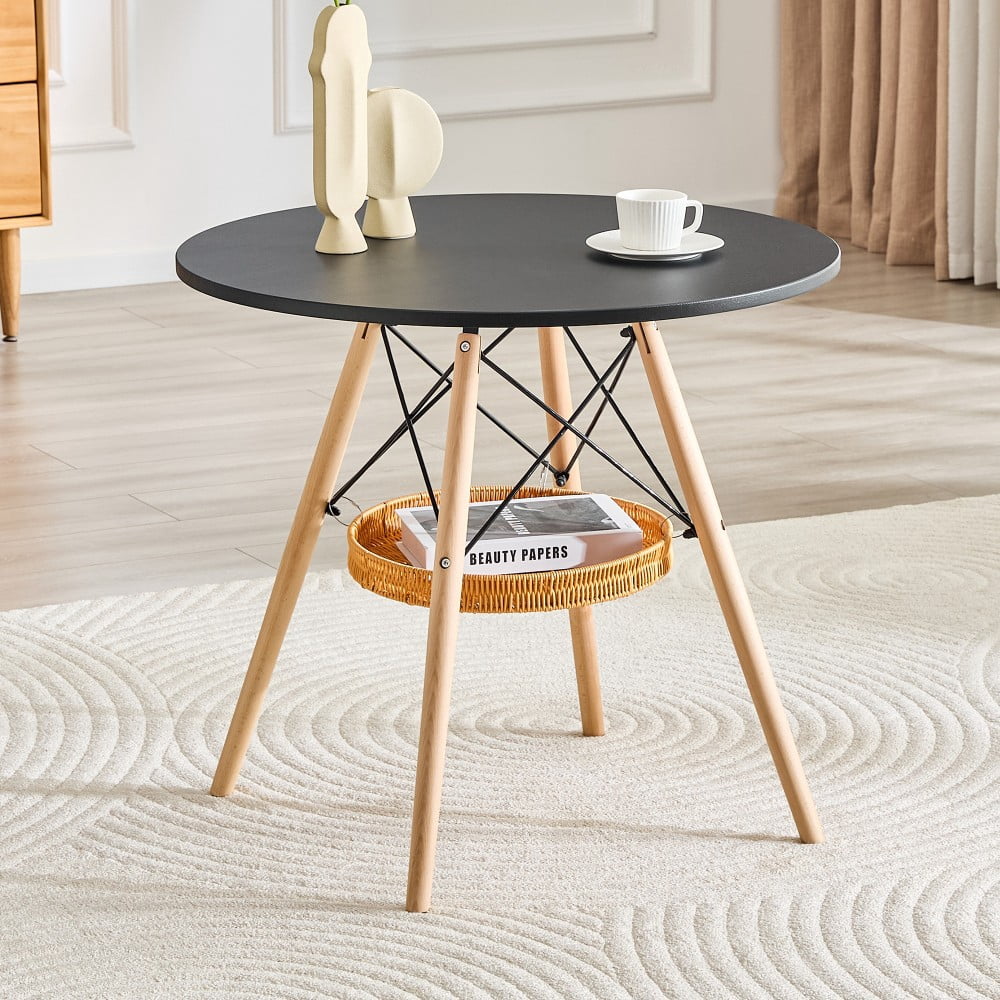 31.5" Round Dining Table, Black MDF Vacuum-Formed Tabletop with Solid Wood Legs, Woven Storage Basket, Modern Kitchen Table for 2-4