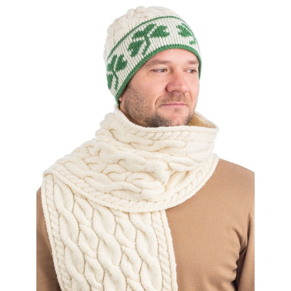SAOL Aran Knitted Beanie Hat with Shamrocks 100% Premium Merino Wool Men`s Cap from Ireland