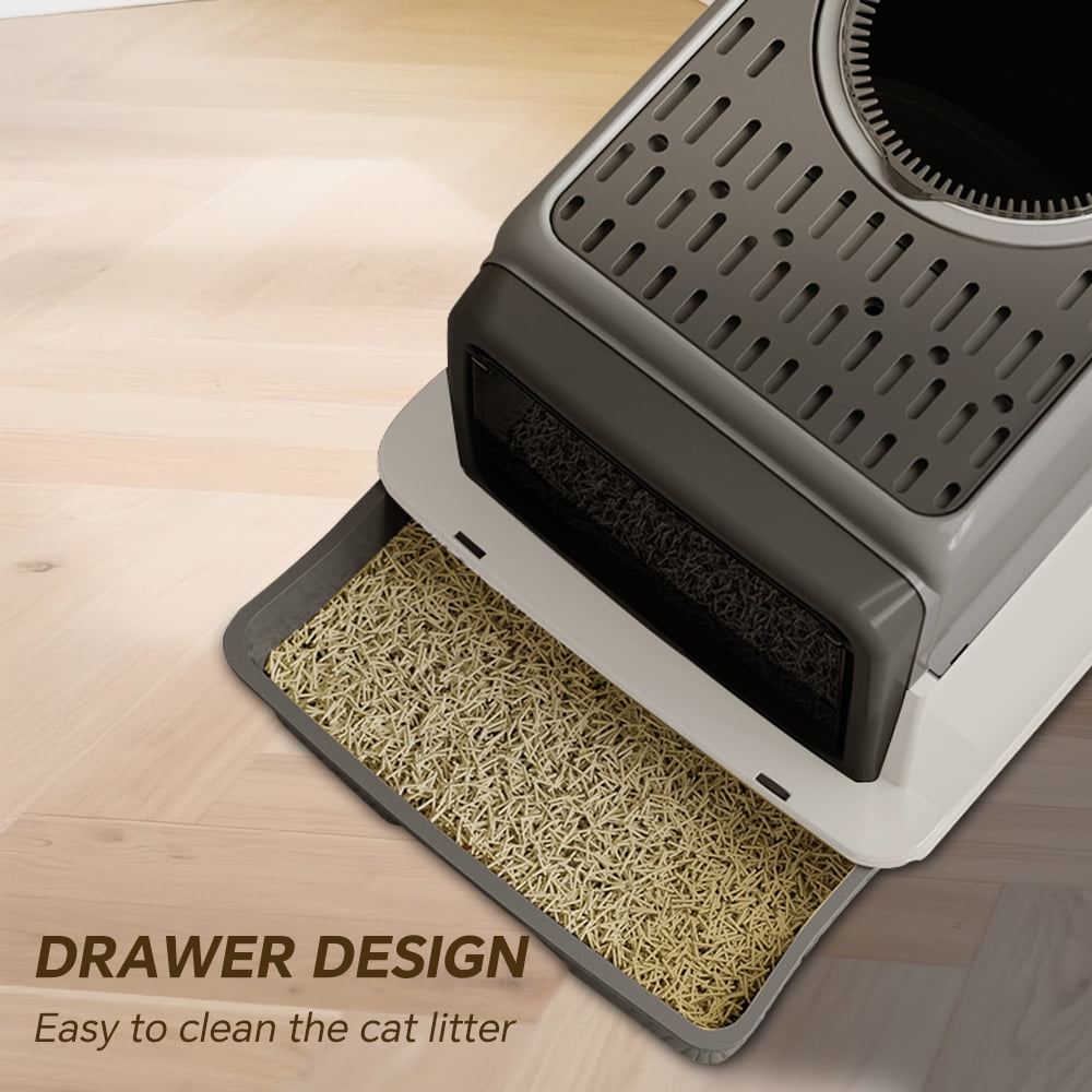 Fully Enclosed Cat Litter Box - Top Sifting Grate, Drawer Design for Easy Cleaning