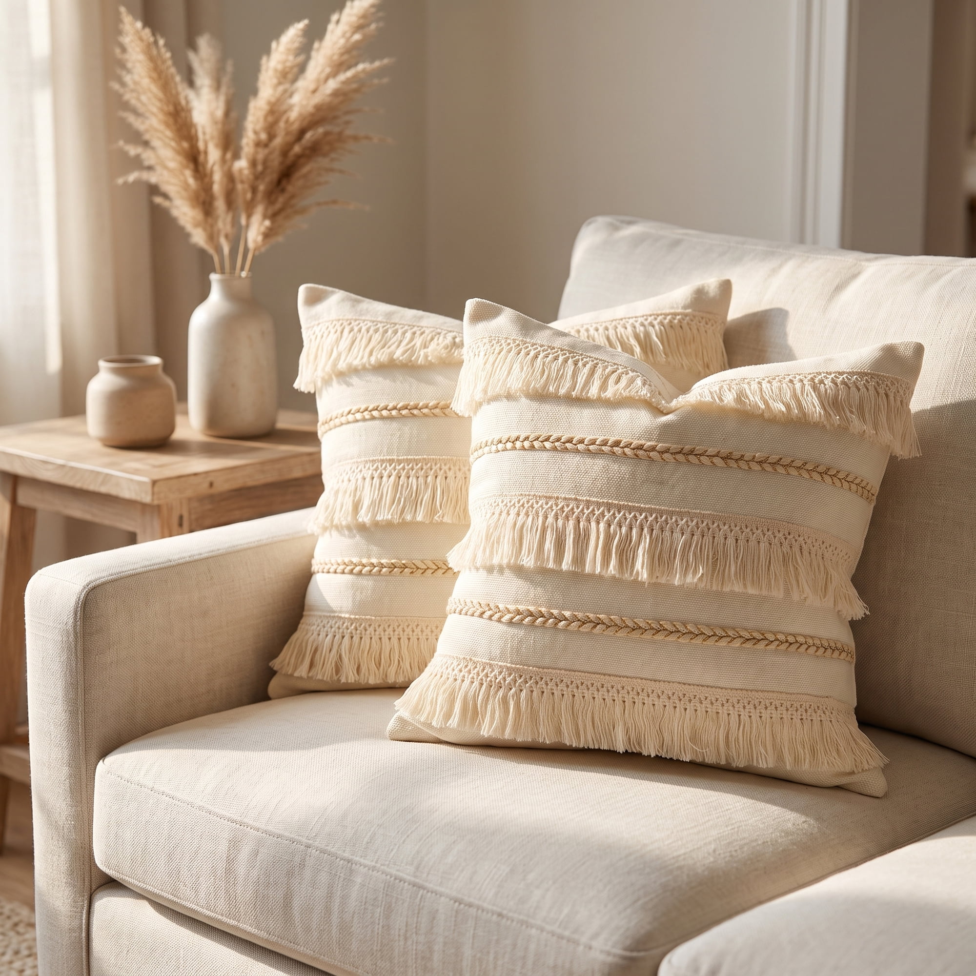 Unique Bargains Boho Throw Pillow Covers 2 Pack Cushion Cases for Home Beige 18"x18"