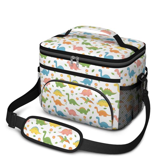 Dinosaur and Flower White Pattern Insulated Lunch Box for Women Men, Medium Leakproof Cooler Bag with Adjustable Strap, 10"x6.7"x8"