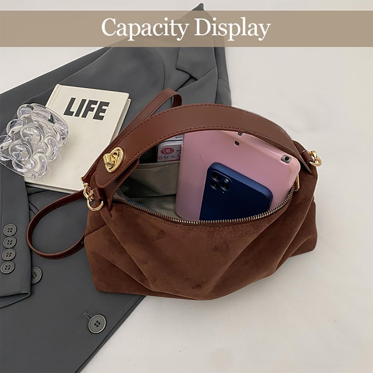 Suede Purses for Women Fashion Slouchy Shoulder Bag Retro Crescent Satchel Hobo Handbags for 2024