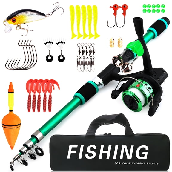 Rirool Kids Fishing Pole Set Green, 1.8m Telescopic Rod and Spinning Reel Combo with Tackle Box, Carry Bag, Lures and Accessories, Beginner Fishing Gear Gift for Boys Girls Youth
