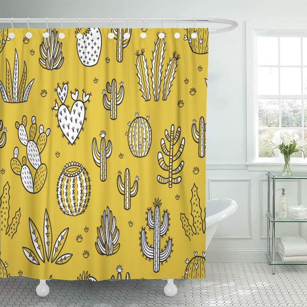 Cynlon Cacti Ornament Pattern Black And White Succulent Isolated On Yellow Bathroom Decor Bath Shower Curtain 60x72 Inch Walmart Com Walmart Com