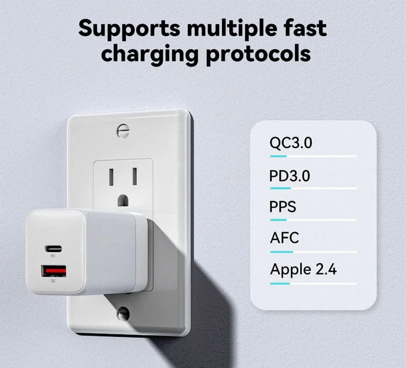 38W PD Home Charger Fast Type-C for Samsung Galaxy A15 5G/A24/A25 5G/A34 5G/A35 5G/A54 5G/A55 5G - 6ft Long Cable USB-C Power Cord QC3.0 Adapter 2-Port Wall