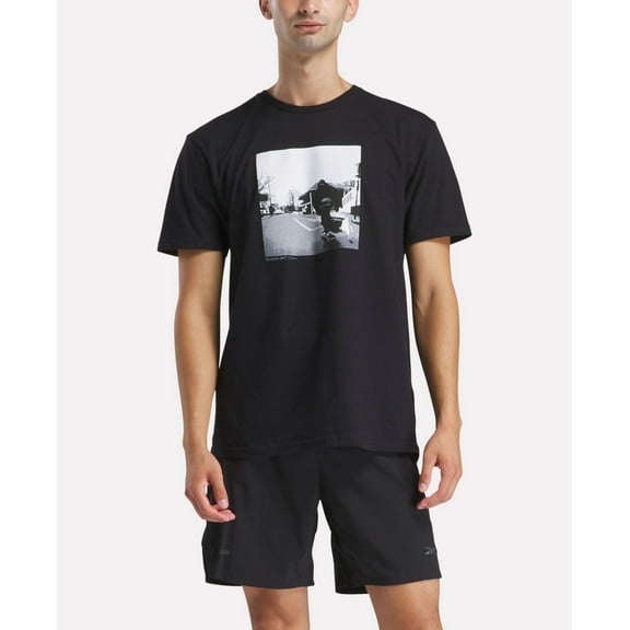 Reebok T-Shirt Mens L Black Graphic Print Short Sleeve Crew Neck Pullover FTS770