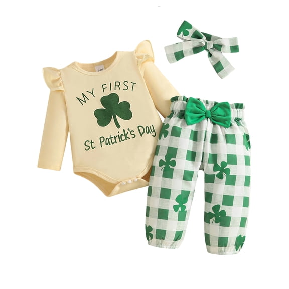 HWJAD Baby Girl My First St Patrick's Outfit - Newborn Shamrock Long Sleeve Romper Pants Headband Cute Clothes Set