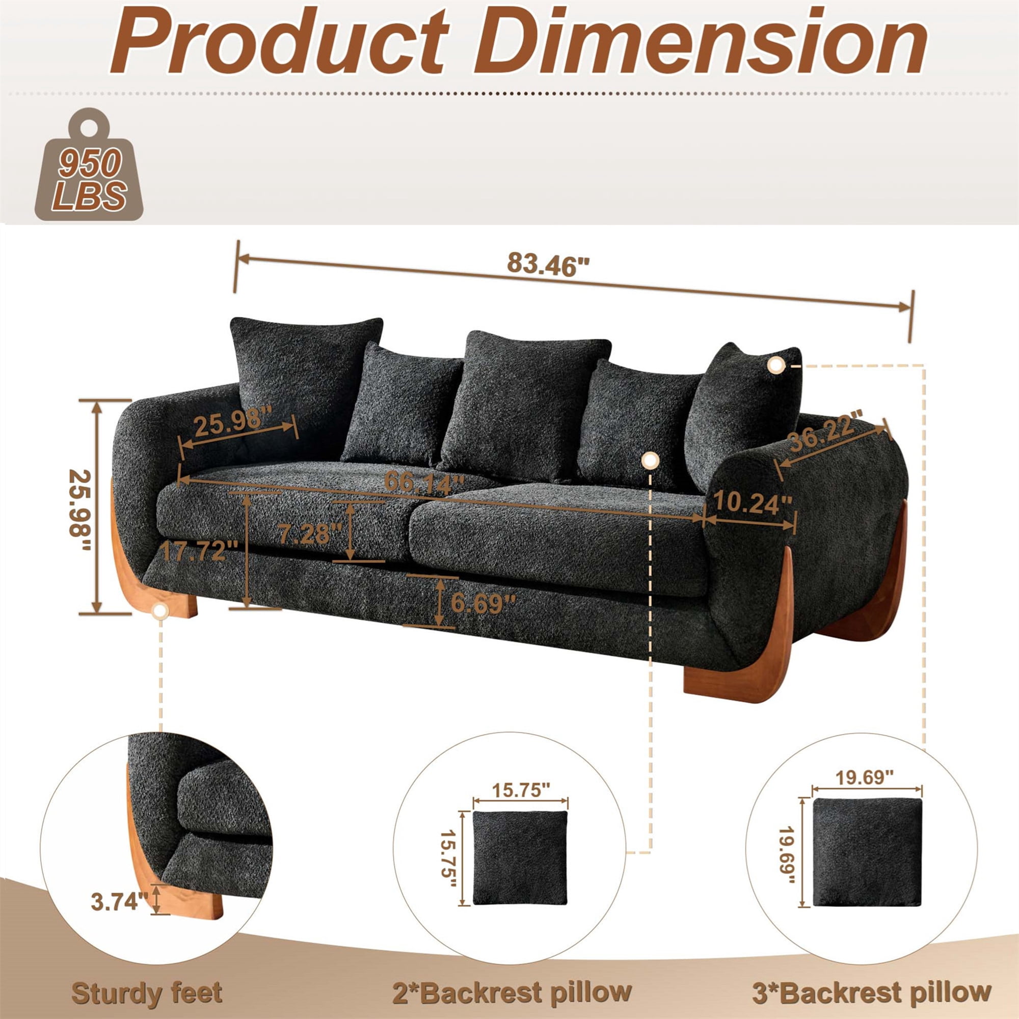 Aukfa 83" Comfy Sofa Sherpa Boucle Living Room Couch, 26" Extra Deep Seat, 4 Pillows, Black