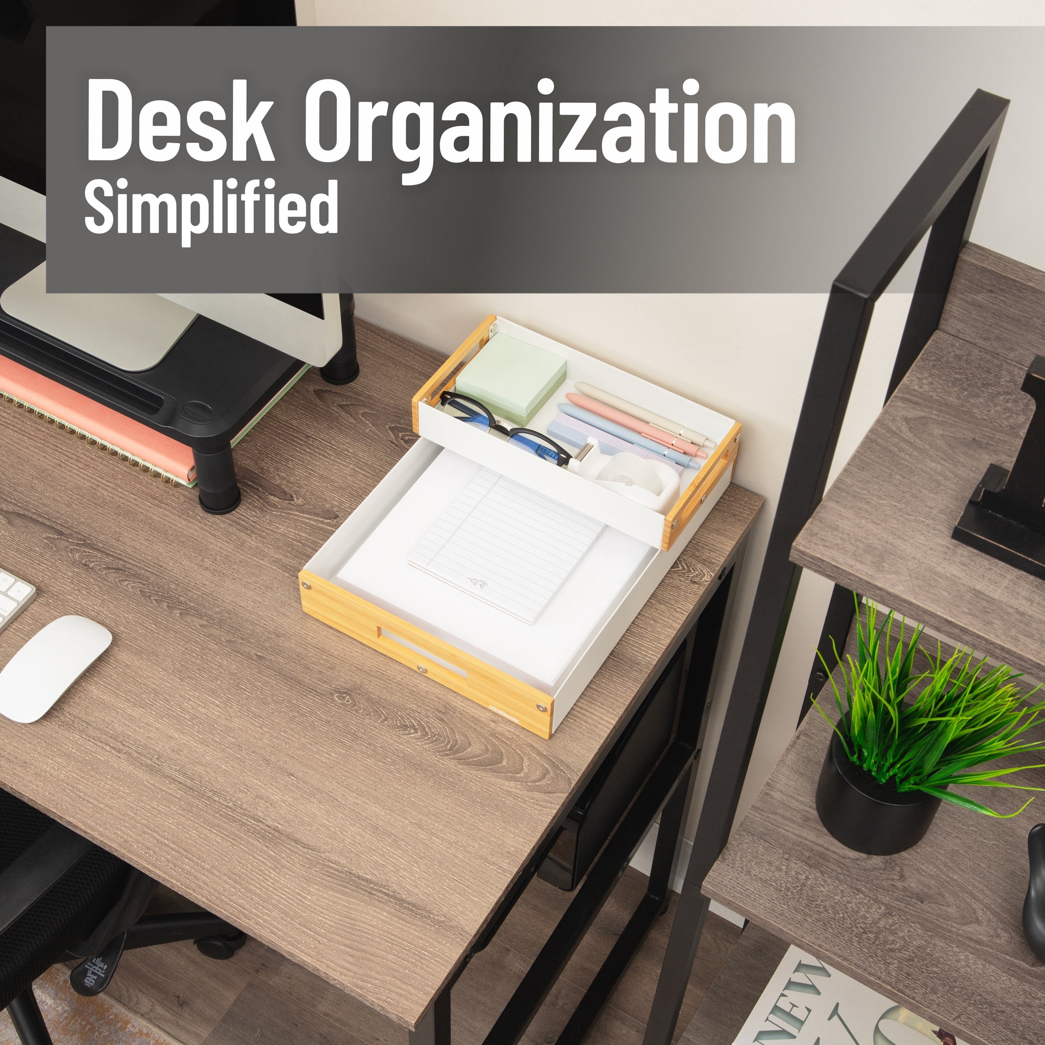 Mind Reader Stackable Desktop Organizer Trays - Metal & Wood, White, Set of 2