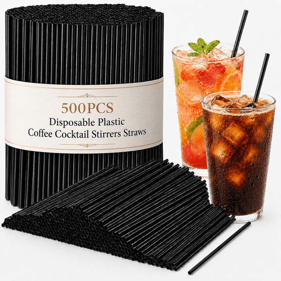 Tarvako 500Pcs Black Disposable Drinking Straws, 8.27’’ Straight Flat Straw, 0.16‘’ Diameter Plastic Coffee Stirrers for Kitchen, Bar, Club, Drinks, Milk, Soda, Party, Whiskey