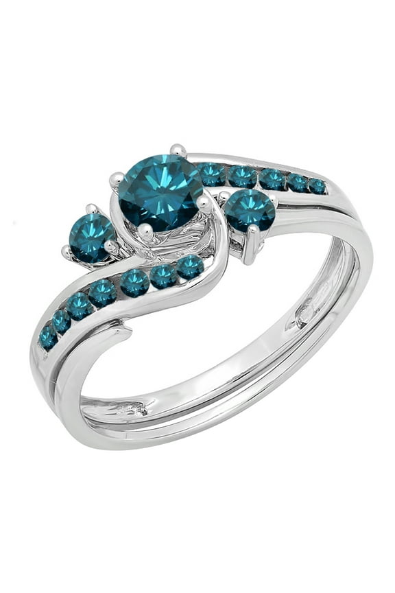 Collection Round Blue Diamond Swirl Bridal Engagement Ring Set for Women (0.90 ctw, Color Blue, Clarity I2-I3) in 10K White Gold, Size 7