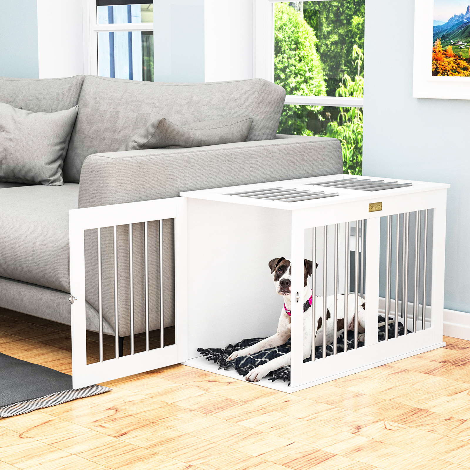 Furpezoo Dog Crate, Modern Wooden Dog Kennel Furniture End Table, White