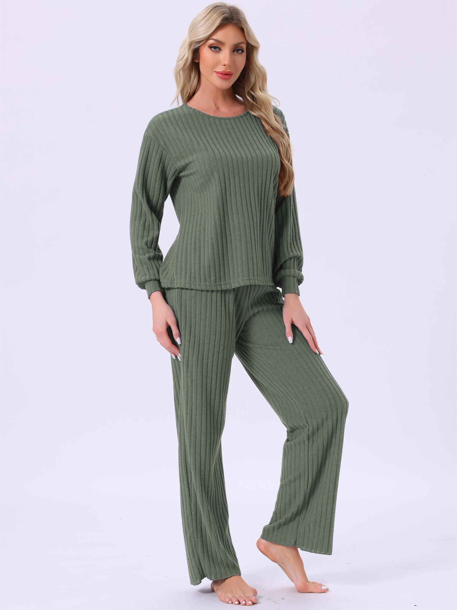 DARING DIVA Ribbed Knit Pajama 2 Piece Long Sleeve Top Pants Sleepwear M Olive Green