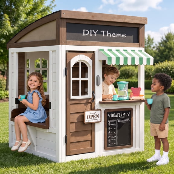 Auarte Outdoor Wooden Playhouse for Kids Ages 3 , DIY Themed Toddler Play House with Coffee Set, Cash Register, Flip-Over Bench, Chalkboard, Doorbell