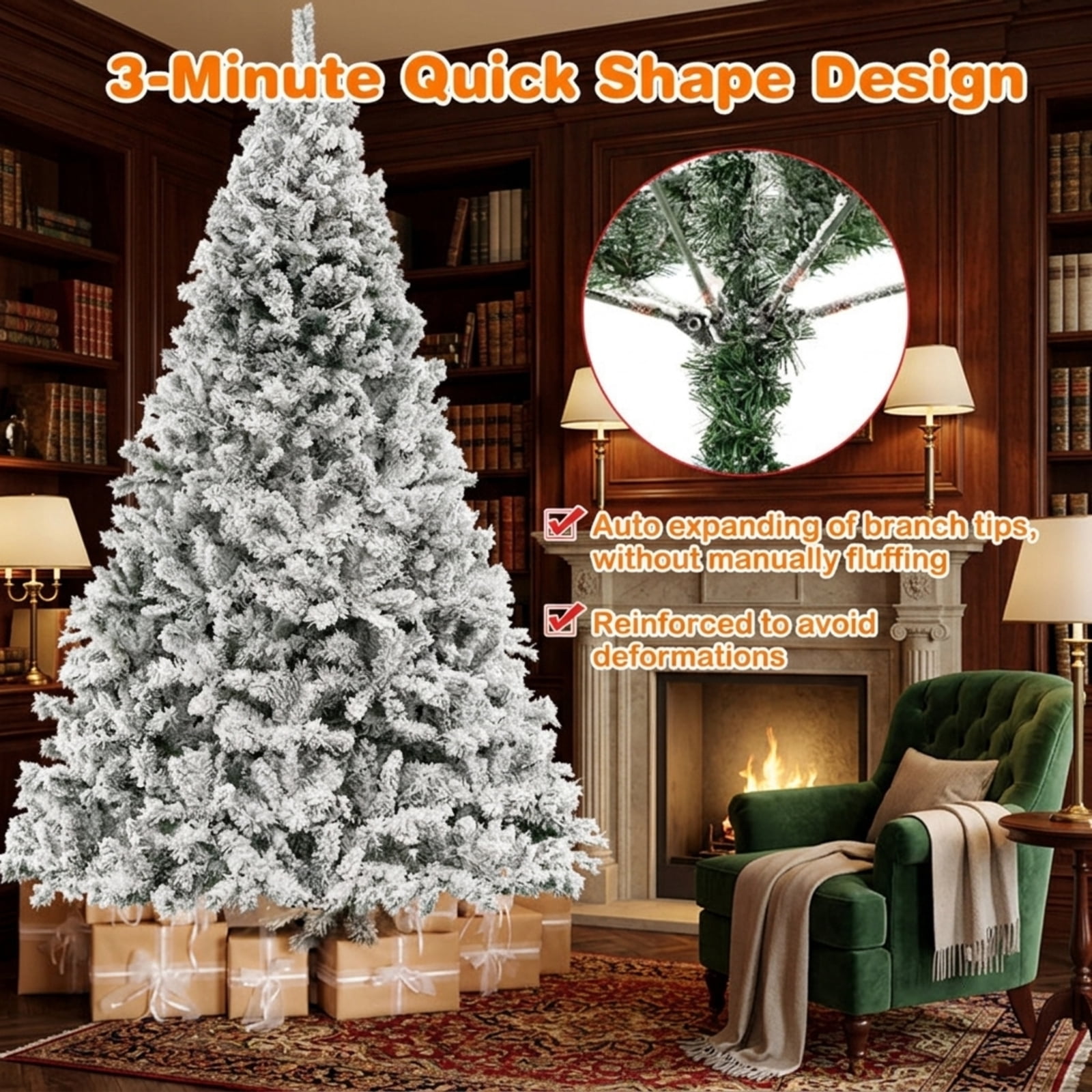 RUIE 8 ft Flocked Christmas Tree, Tall Pre-Lit Green White Artificial Xmas Tree with 600 LED Lights and 1370 Branch Tips for Home