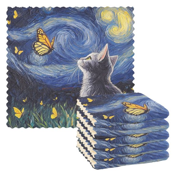 6 Pieces of Kitchen Towels 11x11Inch Kitchen Dish Cloths Kitchen Dish Towels Reuseable Cleaning Cloths Star Cat