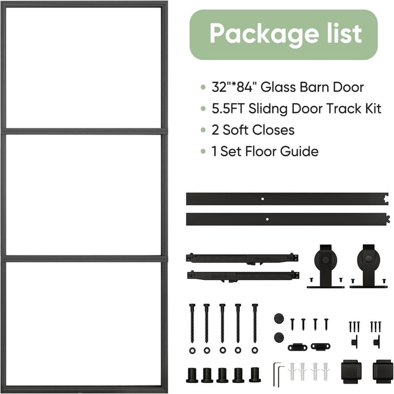 Easy4Home 32"x84" Frosted Glass Sliding Barn Door with Track and Hardware Kit