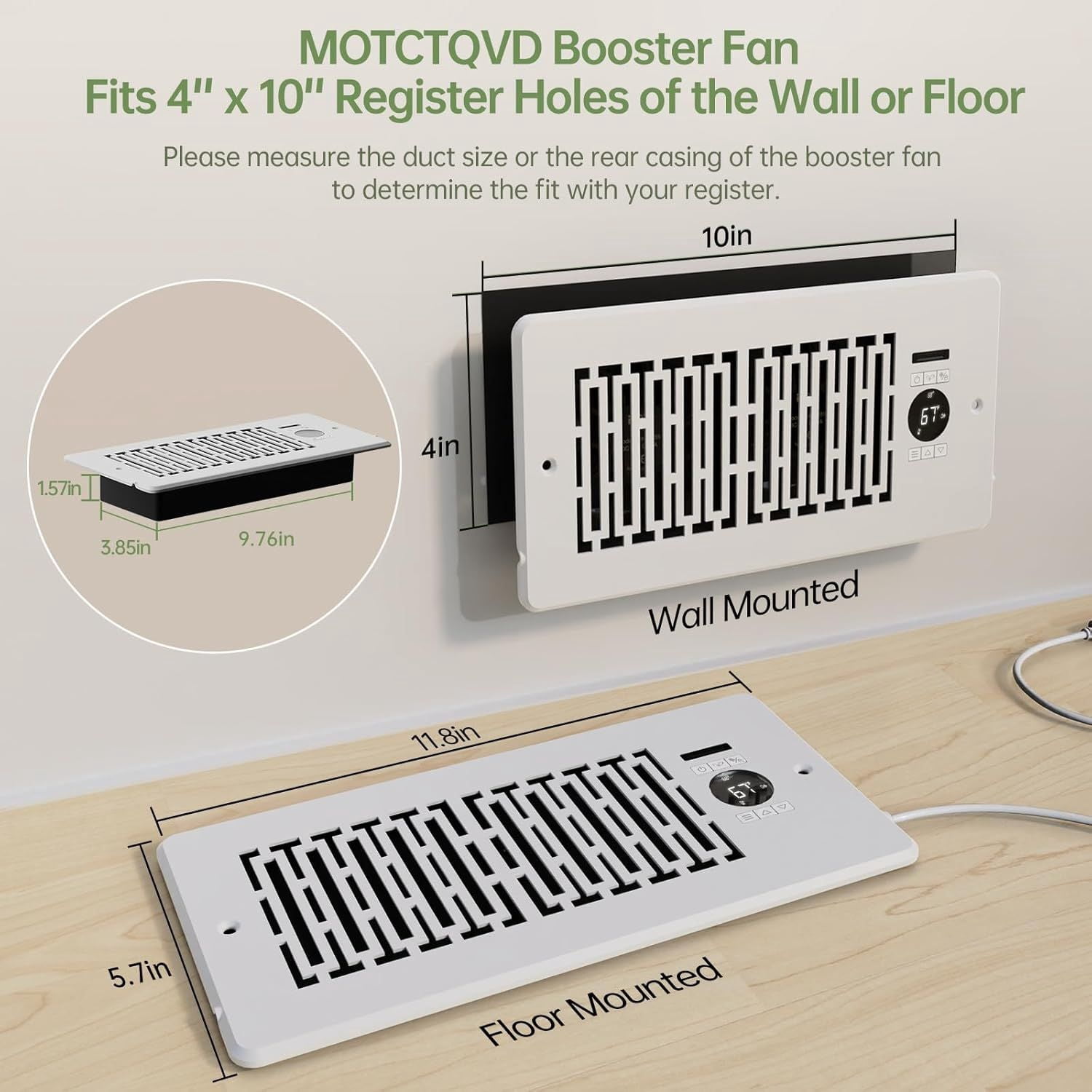 Register Booster Fan Fits 4' x 10' Register Holes, Smart Control Heating Cooling AC Vent Fan, 10-Speed Quiet Register Vent Booster Fans with Thermostat Control & Remote Control