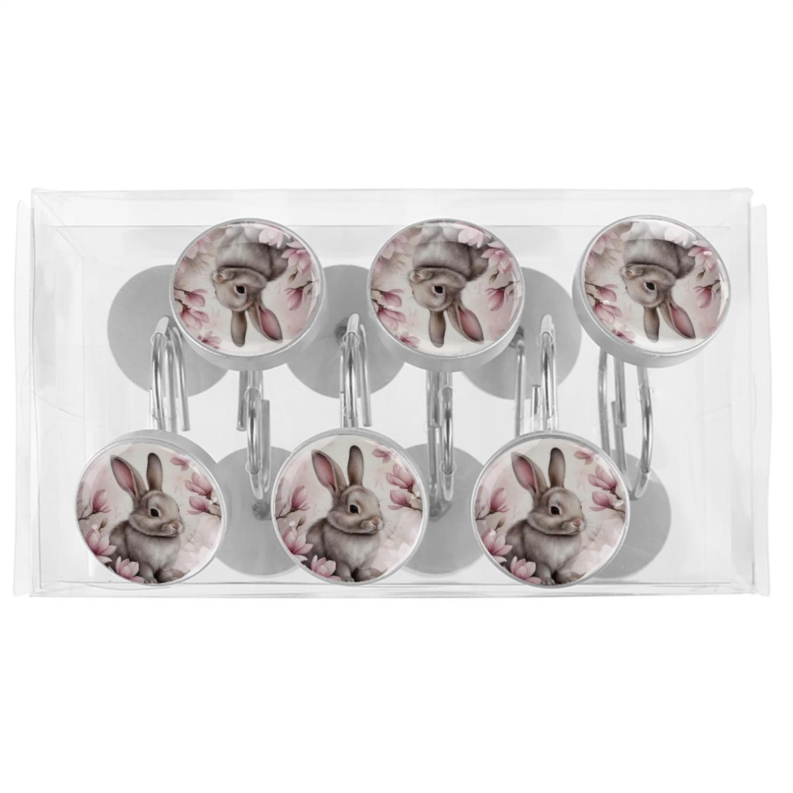 Imobaby 12 Pcs Metal Shower Curtain Hooks Rust Proof for Shower Curtain Liner - Plum Blossom Happy Little Rabbit