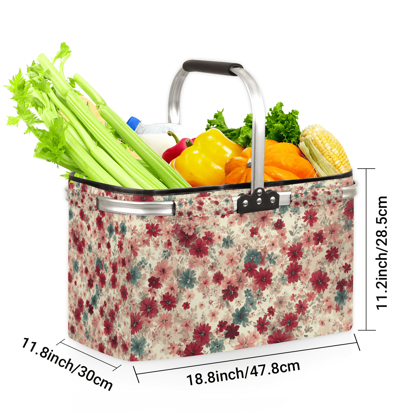 Large 40L Collapsible Market Basket Floral Print Foldable Shopping Tote with Handle for Grocery, Picnic, Beach