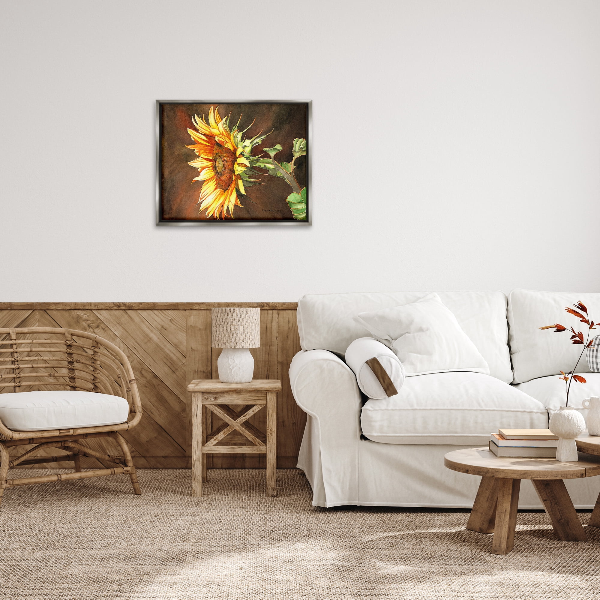 Stupell Industries Sunflower with Vivid Light Botanical & Floral Painting Gray Floater Framed Canvas Art Print Wall Art, 31 x 25