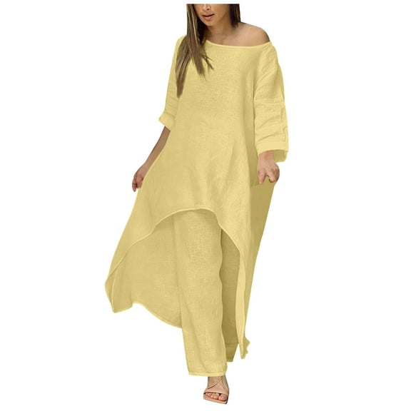 HJYCHN Women Outfit Elegant Linen Blend Irregular Hem Long Sleeve with Wide-Leg Pants Comfortable Fit Outfits Irregular Hem Linen Sets Plus Size Wear Yellow XXXL