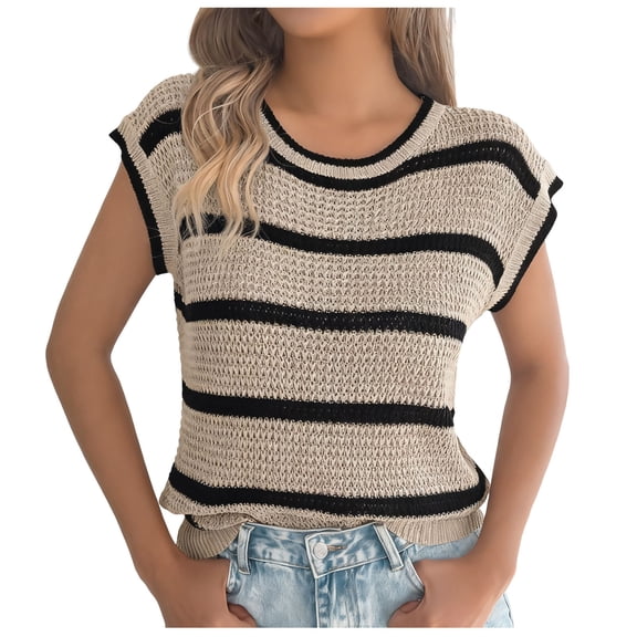 Htigea Womens Crewneck Sweater Vest Striped Cap Sleeve Tank Tops Casual Trendy Knit T-Shirts Khaki S