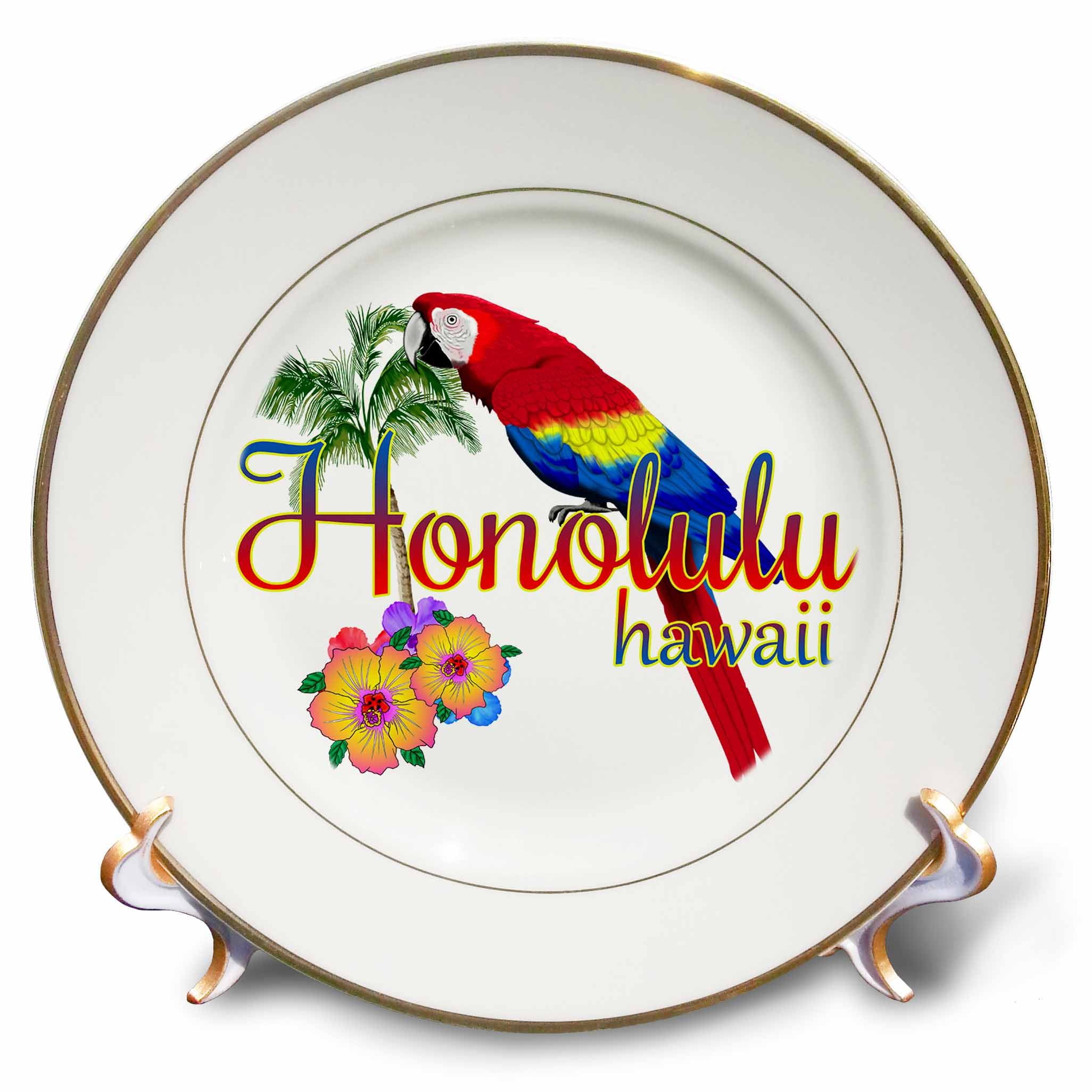 Honolulu Hawaii souvenir with tropical parrot and flowers. 8 inch