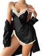 thumbnail image 2 of Womens 2 Piece Silk Pajamas Sets Sexy Long Sleeve Robes and Sleeveless Slit Nightgowns Trendy Lace Splice Satin Sleepwear Loungewear Outfits, 2 of 5