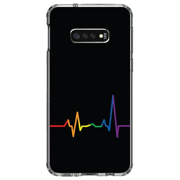 DistinctInk Clear Shockproof Hybrid Case for Samsung Galaxy S10e (5.8" Screen) - TPU Bumper, Acrylic Back, Tempered Glass Screen Protector - Rainbow Pulse Heart Beat - LGBTQ Support