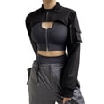 thumbnail image 3 of hirigin Women Fashion Personality Crop Tops Solid Color Stand Collar Long Sleeve Zipper Short Jacket Pockets Cargo Tops Streetwear, 3 of 9