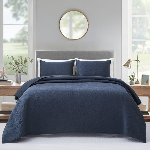 Bourina Modern Floral 3-Piece Quilt Set– Queen,Navy,Lightweight & Comfortable For Adults