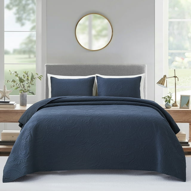 Bourina Modern Floral 3-Piece Quilt Set– King,Navy,Lightweight & Comfortable For Adults