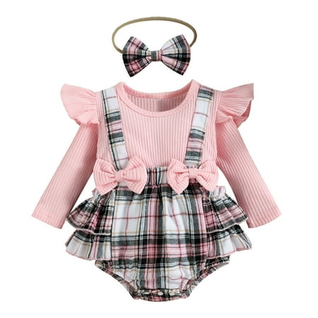 

Infant Girls Long Sleeve Plaid Printed Romper Newborn Bowknot Ribbed Bodysuits Headbands Cute Outfits For 6-9 Months