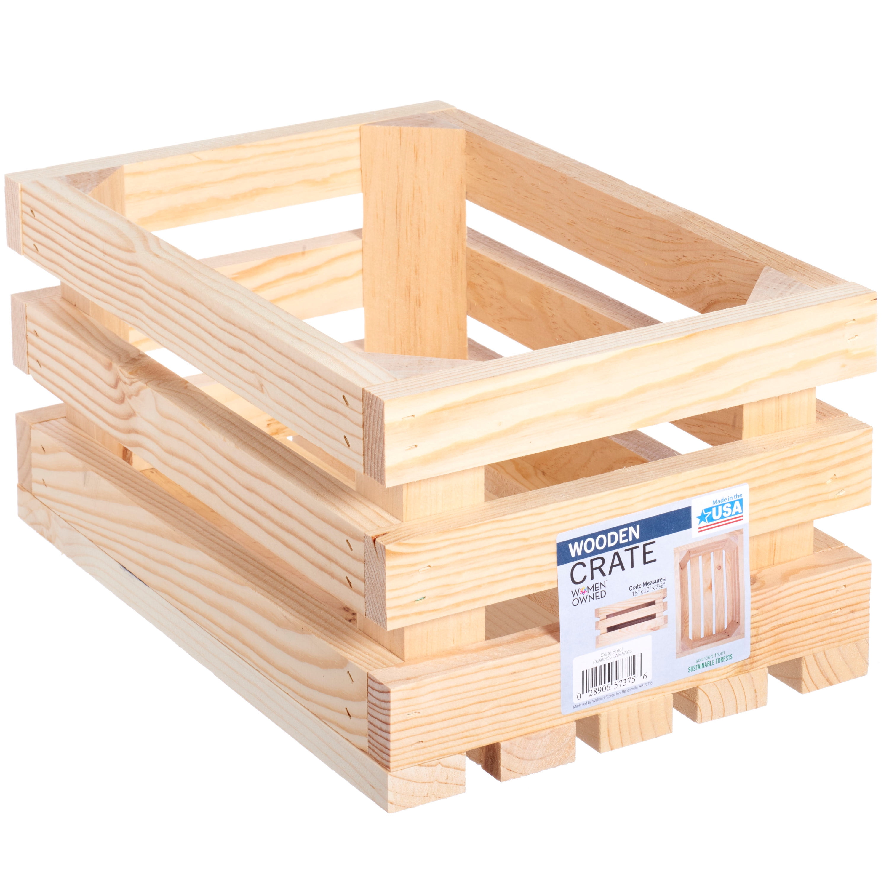(2 pack) Unfinished Wood Slatted Crate, Brown, 7.15" High x 10" Wide x 15" Deep