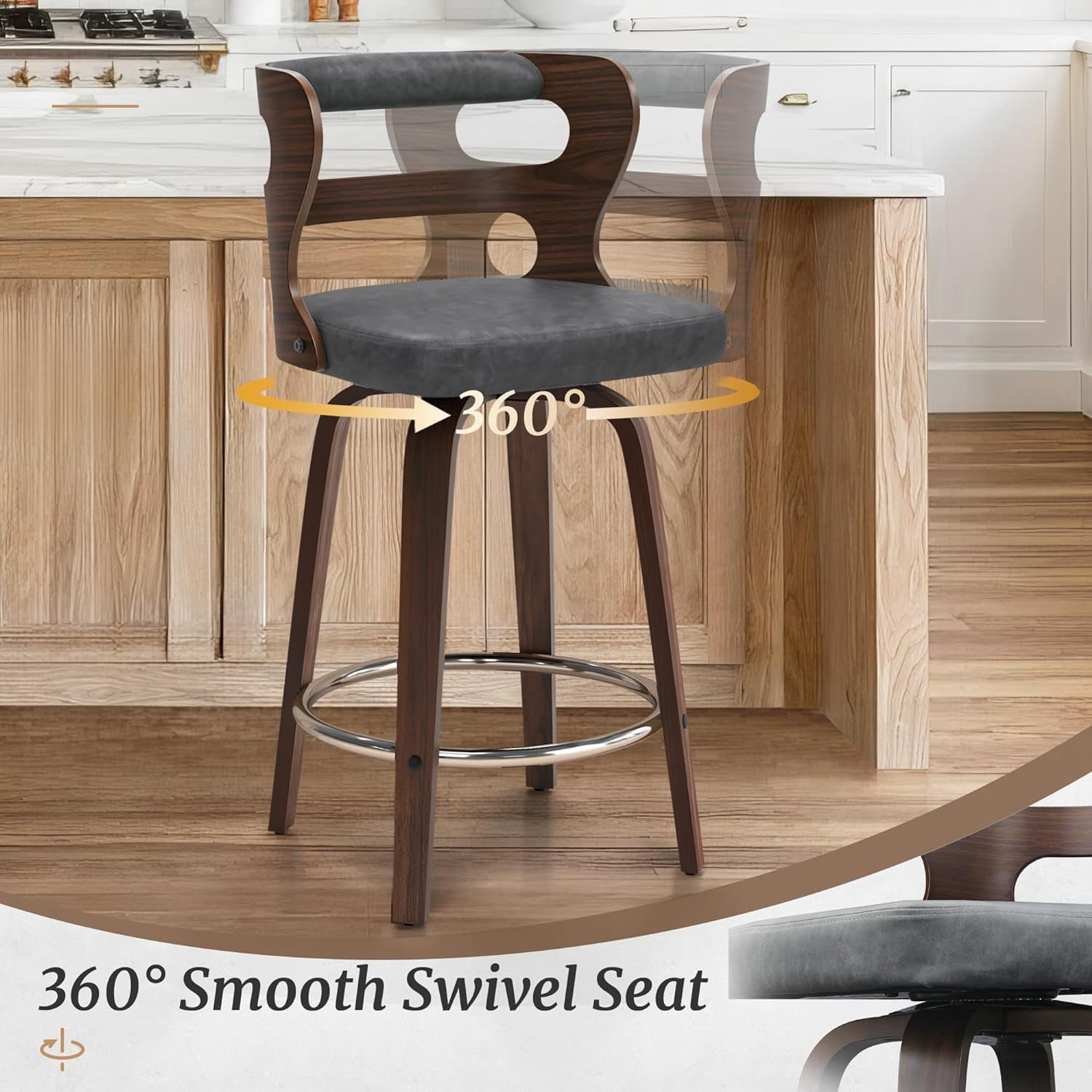 Dycanpo 26" Counter Height Bar Stools, Swivel Counter Stools with Back for Kitchen Island, Dark Gray