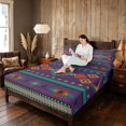 thumbnail image 3 of Manfei Tribal Aztec Queen Sheets, Boho Geometric Queen Sheet Sets, Teal, Orange and Purple, Black Reversible 4pcs1 Flat Sheet + 1 Fitted Sheet + 2 Pillowcases, 3 of 6