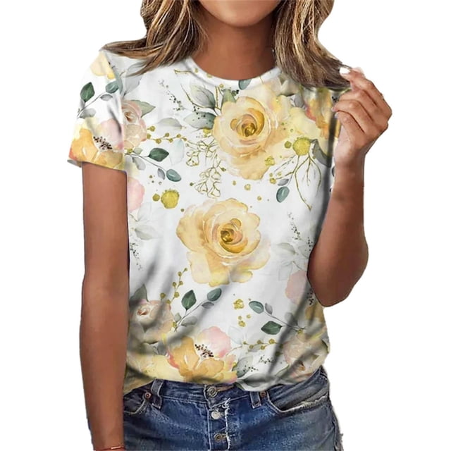 UANWENN T-Shirt à Manches Courtes Imprimé Floral Décontracté Col Rond pour Femmes Grande Taille Hauts d'Entraînement Longs pour Femmes Hauts de Noël Grande Taille pour Femmes