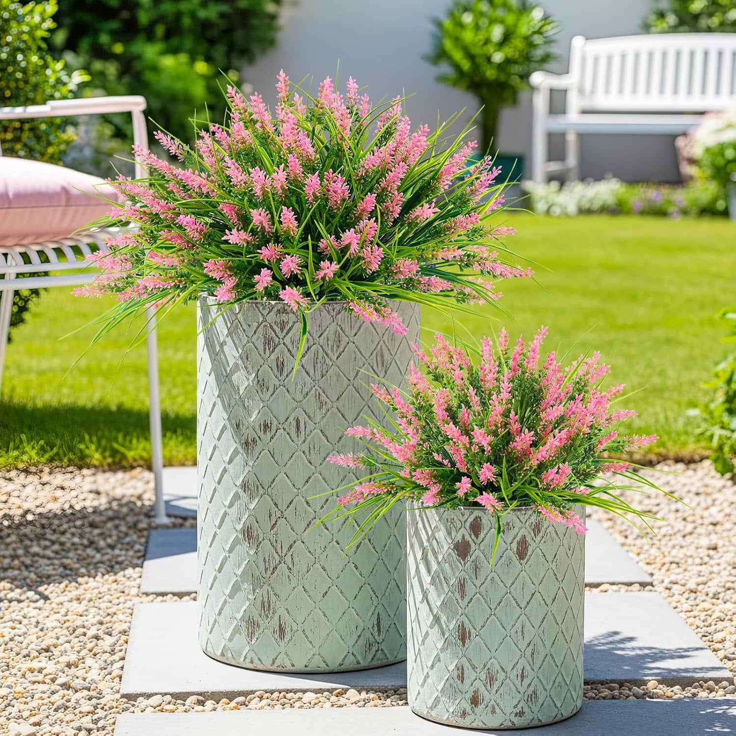 N&T NIETING 10 Bundles Artificial Plants Outdoor, Fake Monkey Grass with Flowers, UV Resistant Fake Plants for Garden Window Office Patio Hanging Planter Pathway Front Porch Home(Pink)