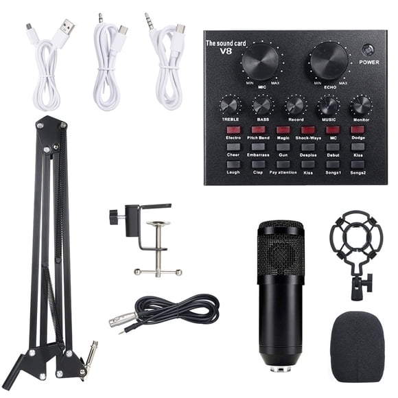 Professional Live Streaming Kit: V8 Multi-Functional Sound Card with 12 Sound Effects & BM-800 Condenser Microphone, All-Metal Construction, Cardioid Polar Pattern, Shock-Proof Mount, Dual Mobile