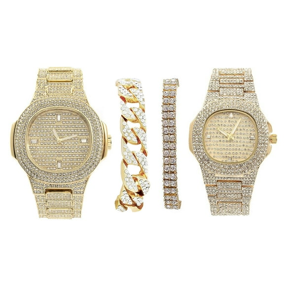 Bling'ed Out King and Queen Hip Hop Watch Set Perfect for Power Couples!! to Flaunt On and Off The Dance Floor - ST10325/ST10364 His and Hers (ST10235KB/ST10381 Gold)