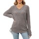 thumbnail image 1 of Gibobby Playera De Algodón 2023 Blusa plisada de Color sólido esmerilado con tiras y cuello en V para mujer, camiseta plisada de manga larga（Gris， XL), 1 of 5