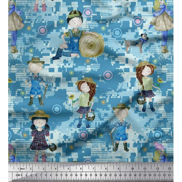 Soimoi Polyester Crepe Fabric Circle,Farm Boy & Girl Kids Print Fabric by The Yard 52 Inch Wide