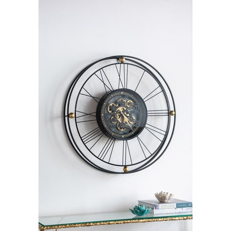31.5x3x31.5 Large Gear Clock with Roman Numerals and Thin Metal Frame, Black/Gold