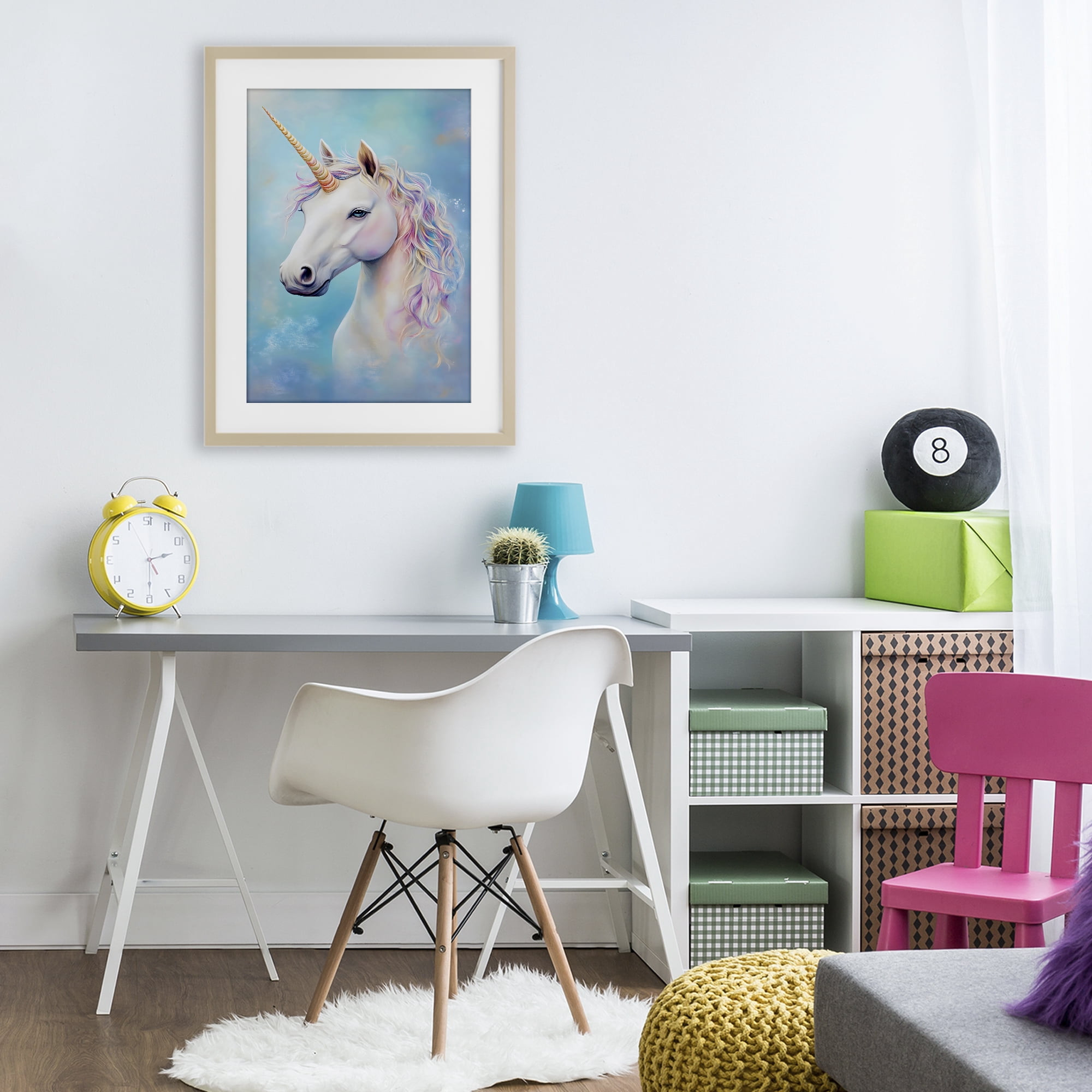 Stupell Industries White Unicorn on Blue Birch Framed Print Under Glass, design by Creative Studio