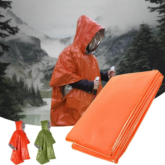 Capa impermeable de película de aluminio PE - impermeable impermeable de 51" de largo para acampada y senderismo al aire libre, compacto y cortaviento con bolsa de almacenamiento